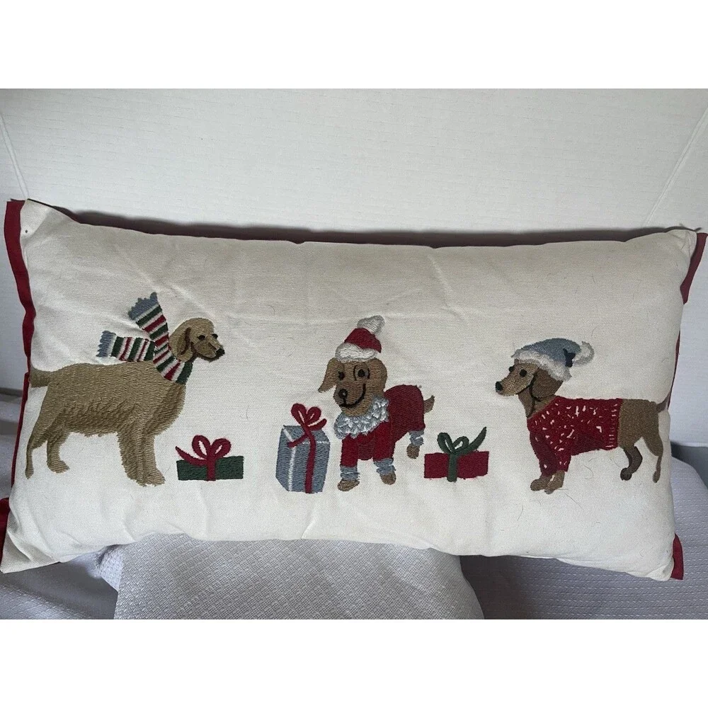 Holiday Embroidered Dog Presents Christmas Long Pillow Couch Bed Decor So Cute!